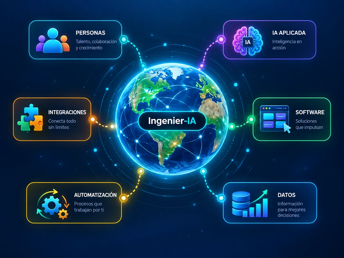 Planeta Tierra iluminado con conexiones globales entre personas, inteligencia artificial, integraciones, software, automatización y datos
